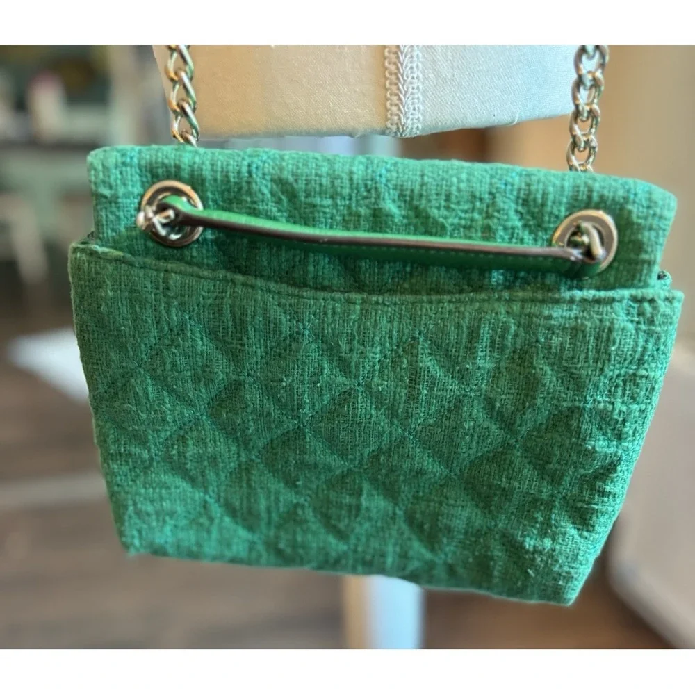 Kate‎ Spade Natalia Solid Quilted Tweed Crossbody Kelly Green Gold Chain New